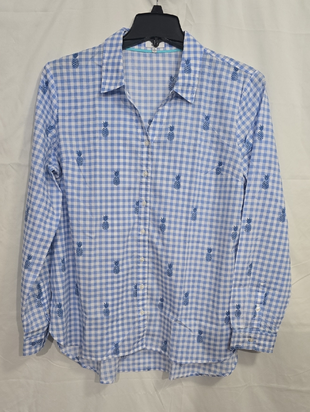 Crown & Ivy Womens XL Light Blue Gingham Button-Up Shirt Pineapple